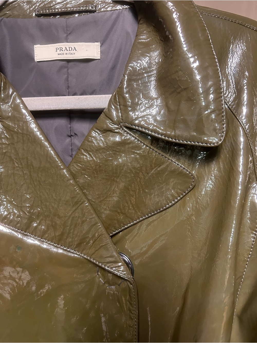 Authentic Prada elephant grey (green)Patent Trench Coat with flaws - Picture 7 of 16